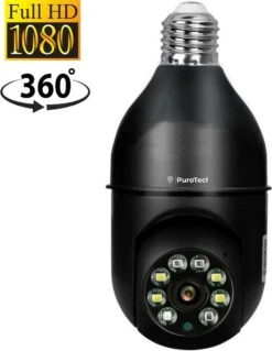 PuroTech Beveiligingscamera Zwart - IP Camera - E27 Dikke Fitting- Spy Camera - 2-Weg Audio - Beweeg En Geluidsdetectie - Nachtvisie - Draadloos - Huisdiercamera - Opslag In Cloud & App - Lamp Camera - 360 Graden Panoramisch