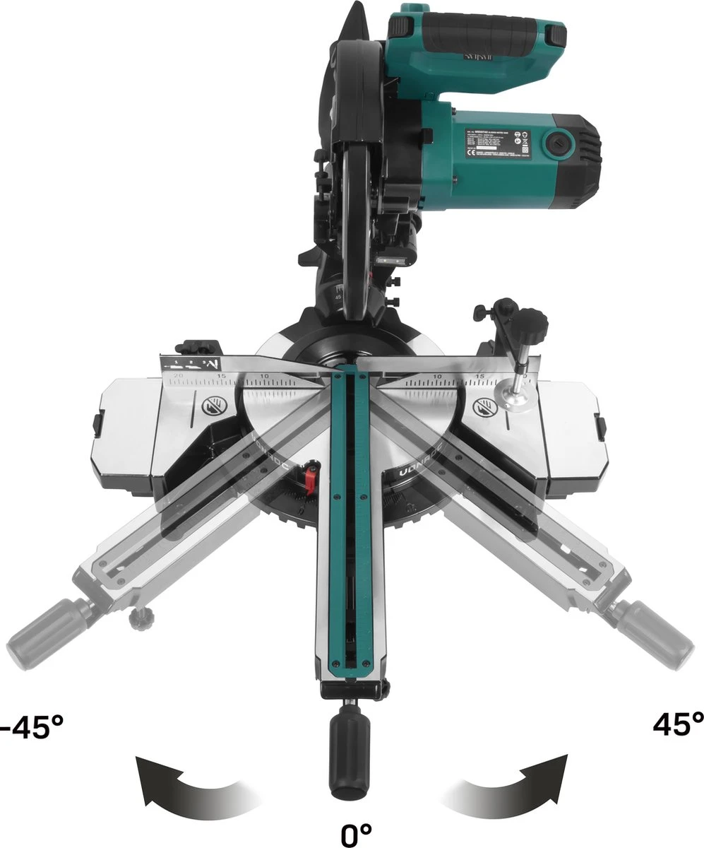 VONROC PRO Afkortzaag - Kapzaag - Verstekzaag – 2200W - Ø255mm – Zaagt Hout, Kunststof En Metaal – Instelbare Snelheid – Zaagcapaciteit 340mm –Verstelbare Tafelverbreders – Trekfunctie – Kantelbaar – Lengtestop - Incl. Zaagblad, Laser & LED 4 VONROC PRO Afkortzaag - Kapzaag - Verstekzaag – 2200W - Ø255mm – Zaagt Hout, Kunststof En Metaal – Instelbare Snelheid – Zaagcapaciteit 340mm –Verstelbare Tafelverbreders – Trekfunctie – Kantelbaar – Lengtestop - Incl. Zaagblad, Laser & LED - Afbeelding 4